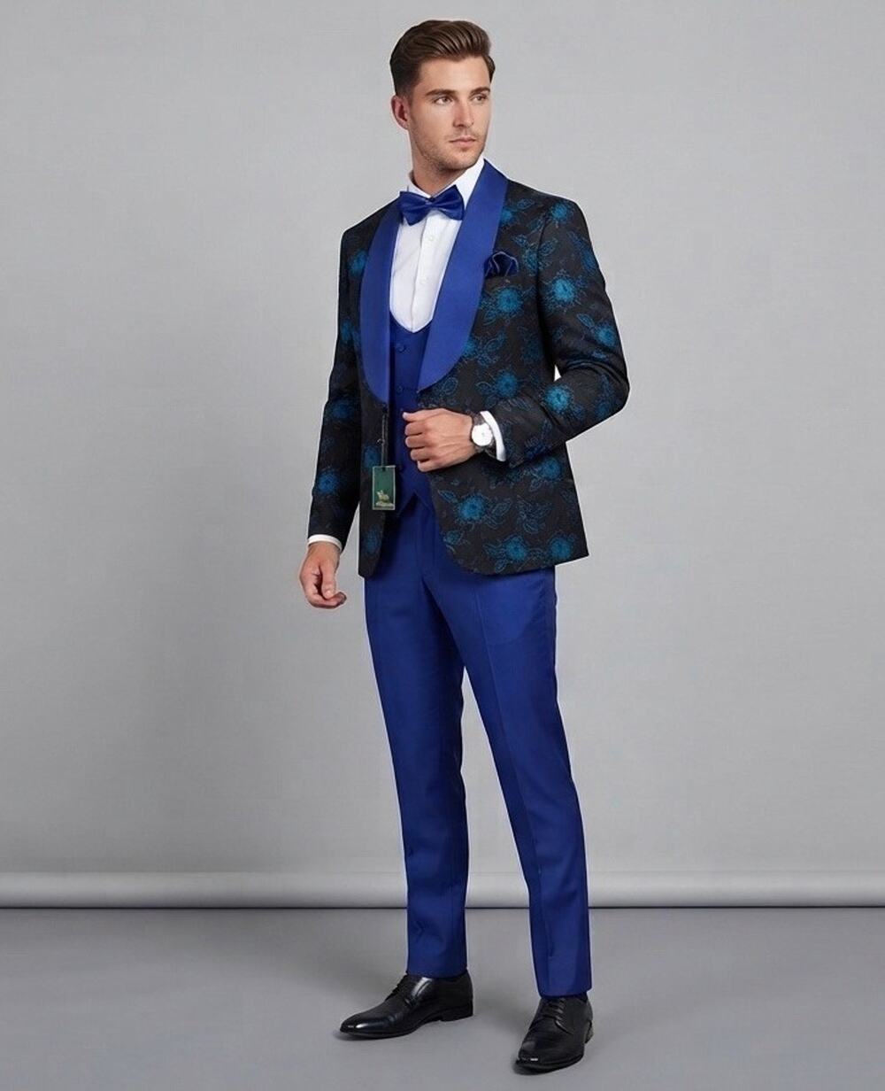 Pietro Scarlatti Mens Suit Tuxedo US 38 EU 48 Floral Blazer Vest Pants Blue T6